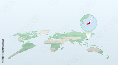 World map in perspective showing the location of the country Japan with detailed map with flag of Japan.