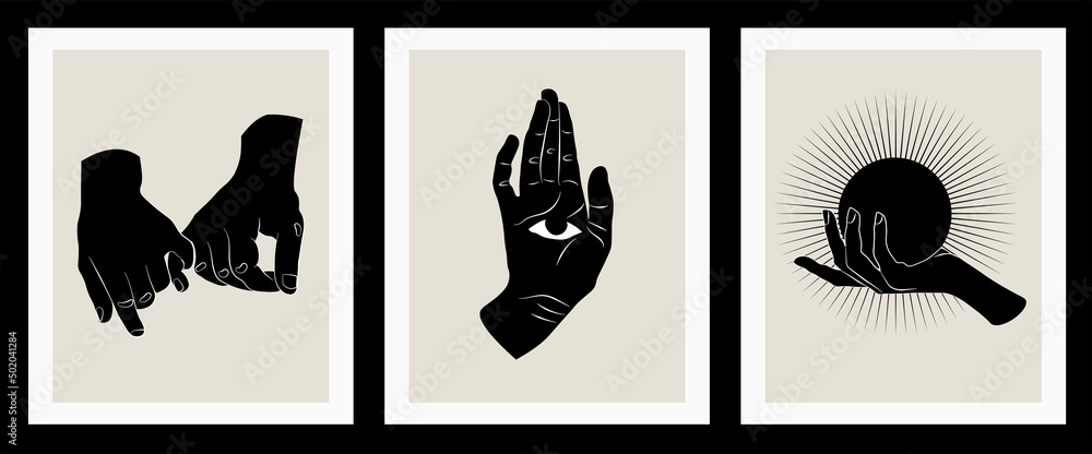 Abstract poster collection with hands. Set of contemporary scandinavian print templates. 	
Set of three abstract minimalist aesthetic backgrounds with sun, hand, eye. 