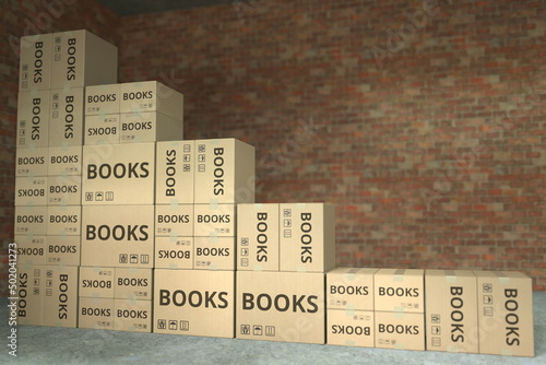 Declining bar chart made with boxes with books. Conceptual 3D rendering