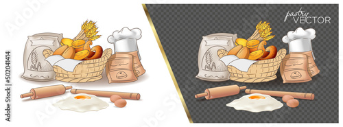 Flour sack wheat spike egg baking wicker basket powder cook hat dough roller bread varieties croissant realistic vector