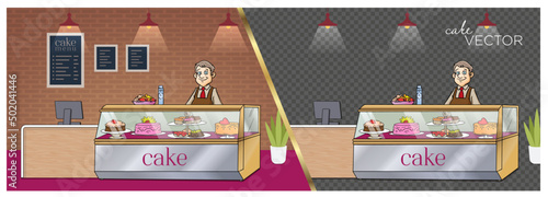 Cake shop cake shop uncle in the cupboard colorful cakes menu cash register lights cartoon vector