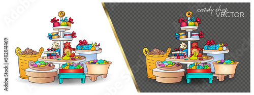 Candy stand, colorful candies, teddy bear, candy box, candy basket, candies in a bag