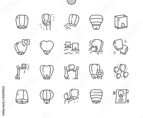 Floating lantern. Heart sky lantern. Tradition of festival. Pixel Perfect Vector Thin Line Icons. Simple Minimal Pictogram
