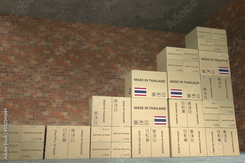 Stacks of boxes with MADE IN THAILAND text make up a rising chart, business success related conceptual 3D rendering