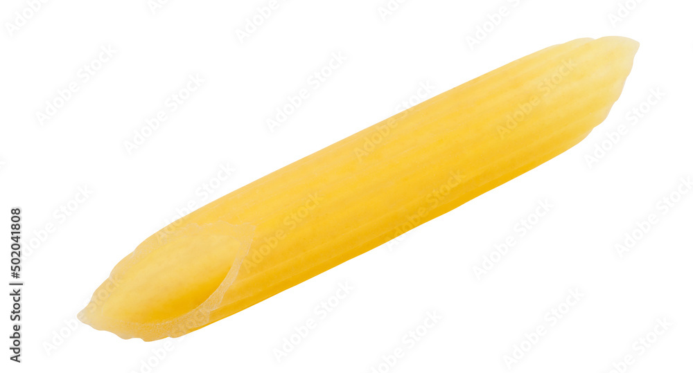 Penne Rigate pasta raw one, isolated on white background with clipping path, element of packaging design. Full depth of field.
