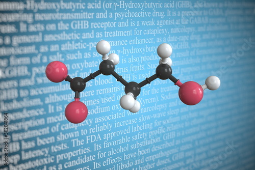 Gamma hydroxybutyrate scientific molecular model, 3D rendering photo