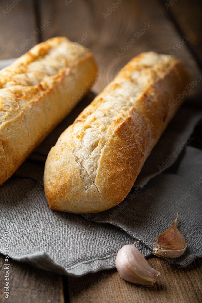 Crispy baguette with butter and garlic