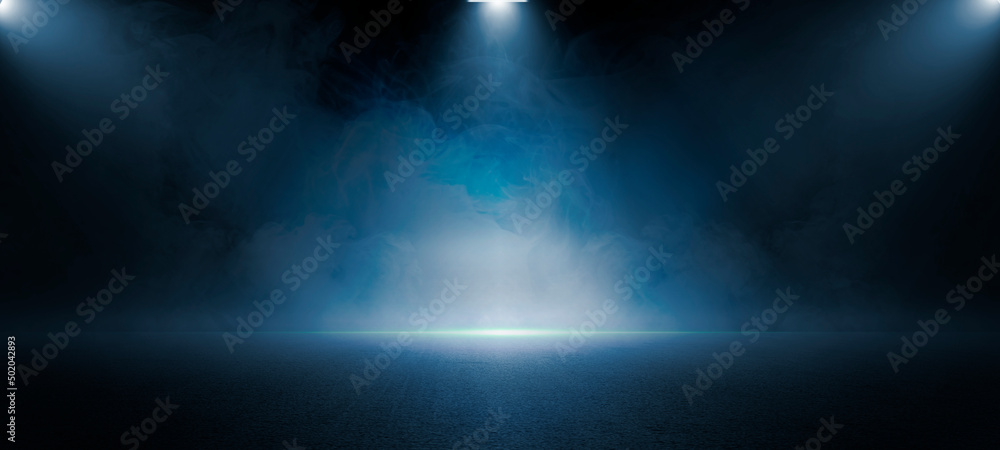 The dark stage shows, dark blue  background, an empty dark scene, neon light, spotlights The asphalt floor and studio room with smoke float up the interior texture for display products - obrazy, fototapety, plakaty 