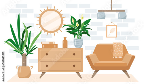 Cozy living room interior in trendy Scandic hygge style. Modern house or apartment with homeplants and furniture. Flat or cartoon vector illustration.