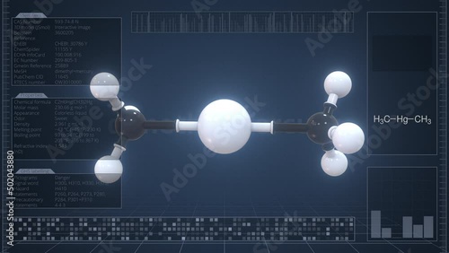 Overview of the molecule of dimethylmercury on the computer screen. Loopable 3d animation photo