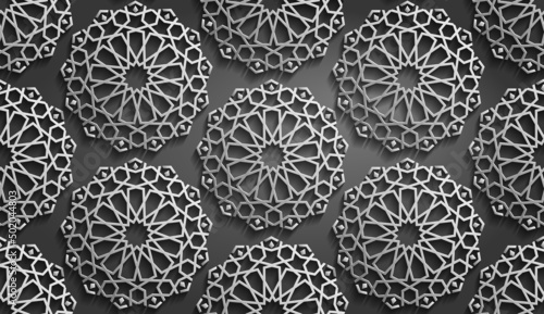Seamless islamic pattern. Mettalic pattern on dark background. Abstract geometric ornament vector.