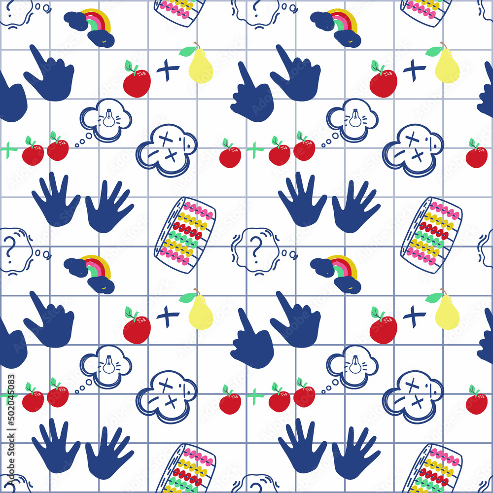 Seamless element template for mental math school on white background. Math course and creative kids. Finger counting and fruit. Math. Wooden counting. Modern design background vector illustration. Seamless element template for mental math school on white background. Math course and creative kids. Finger counting and fruit. Math. Wooden counting. Modern design background vector illustration.