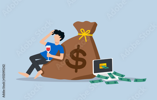 Success in online business or electronic commerce, passive income concept. Relaxed young man sipping wine and leaning against money bag while many banknotes coming out of laptop screen.