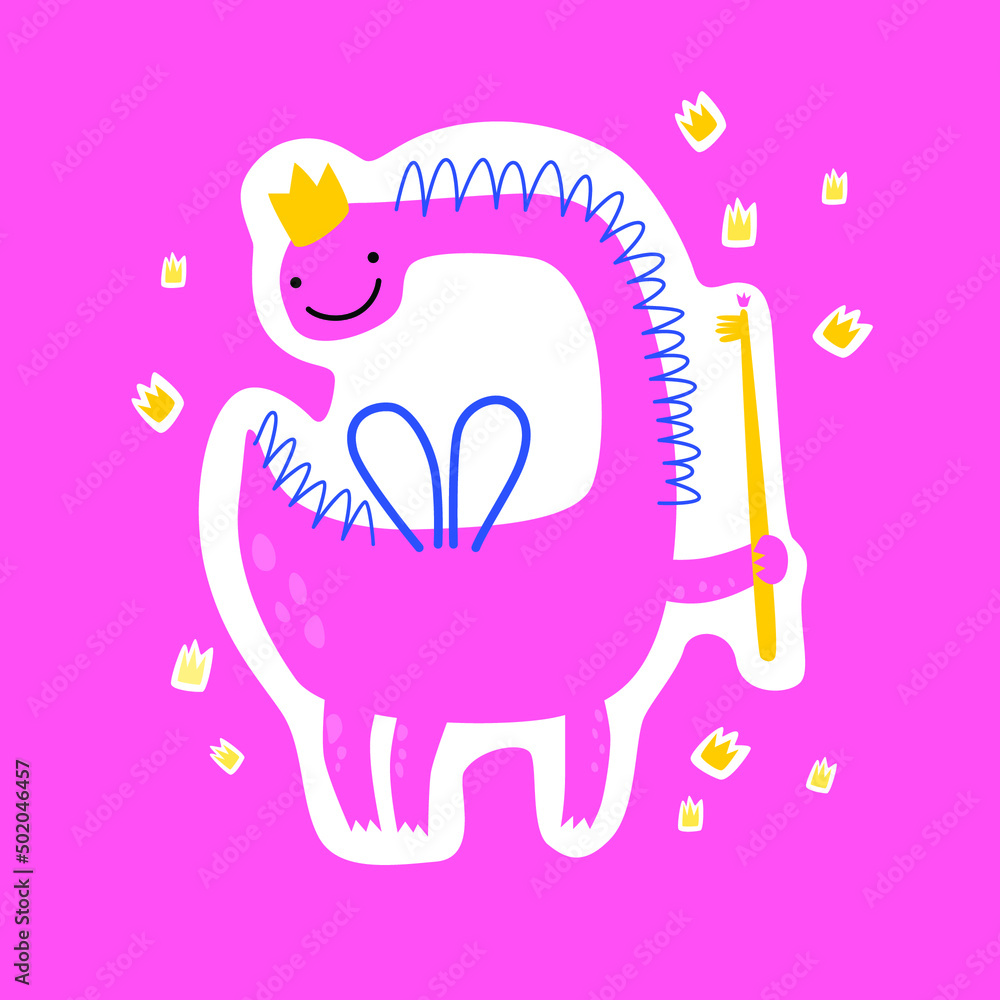 Cute cartoon lady dinosaur with toothbrush, crown, wings. Painting with crowns in the form of spots. Cute baby illustration in flat style. Stickers, merch, advertising sticker for brushing teeth. Cute cartoon lady dinosaur with toothbrush, crown, wings. Painting with crowns in the form of spots. Cute baby illustration in flat style. Stickers, merch, advertising sticker for brushing teeth.