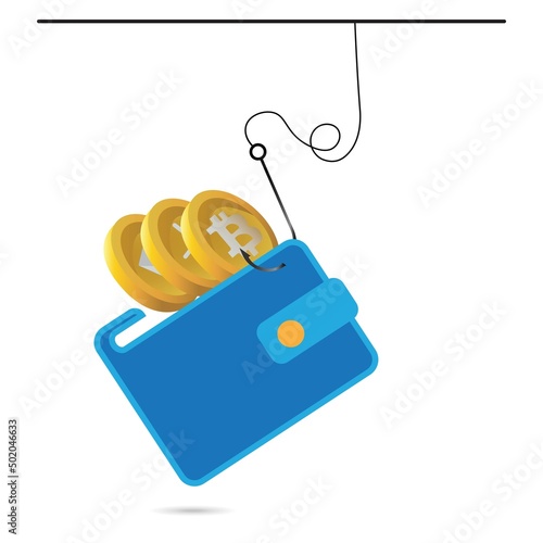 A fish line and wallet. Bitcoin phishing. Hacker stole money from a wallet.