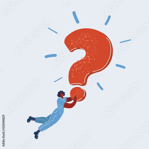 Vector illustration of tiny woman character fly with big question mark, solving business problem