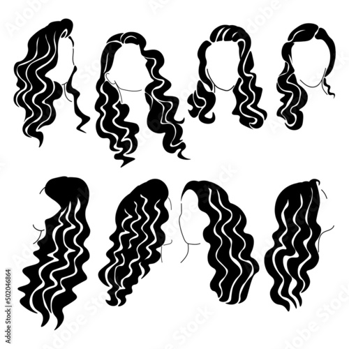 Set of hairstyles silhouettes with long wavy hair, hollywood wave style in haircuts for design