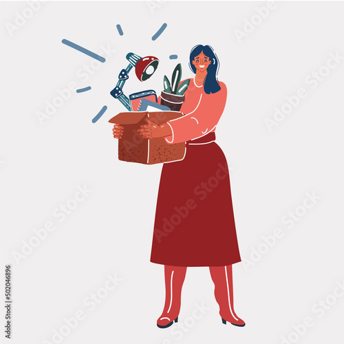 Vector illustration of a promoted woman ready for new heights, getting higher pay rate, financial bonus. Career advancement. Woman with a box of personal belongings in office