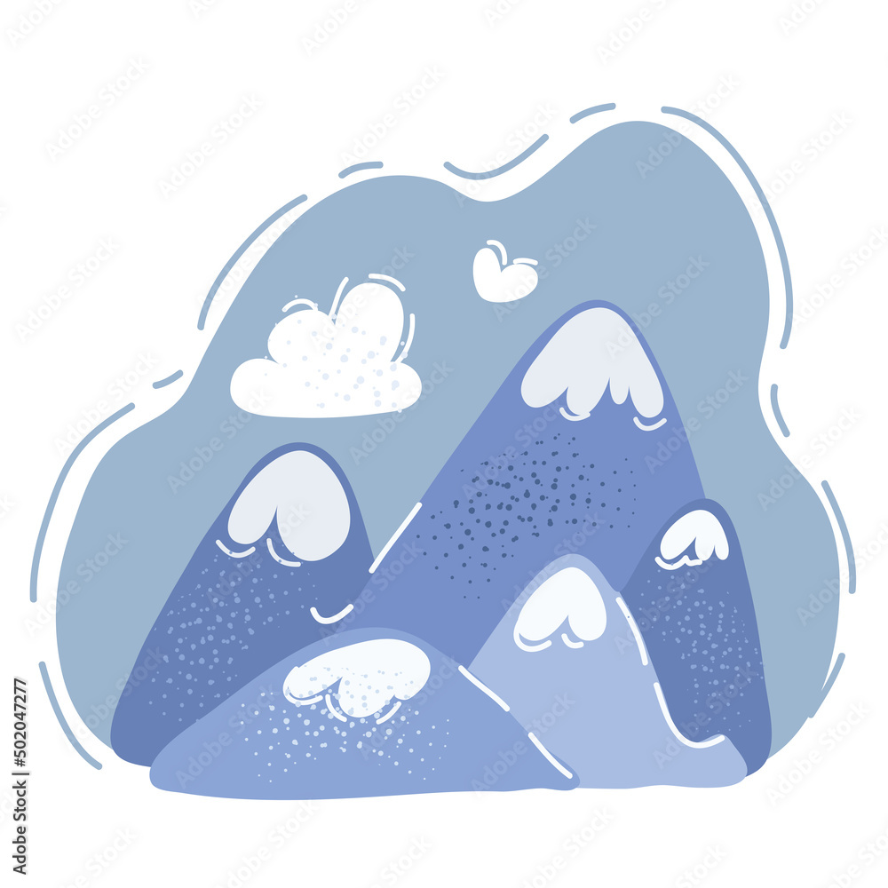 Naklejka premium Vector illustration of Mountain Rocky range landscape shape. Hiking mountains peaks, hills and cliffs. Climbing stone mountain silhouette shape, rocky cliff