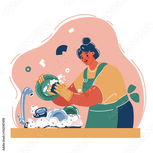 Vector illustration of woman washing dish at kitchen