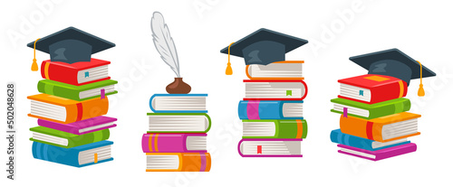 Graduation cap on stack of books. School, college symbol. Higher education or learning vector concept