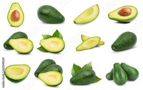 Avocado collection. Avocado set isolated on white background. Avocado macro. With clipping path