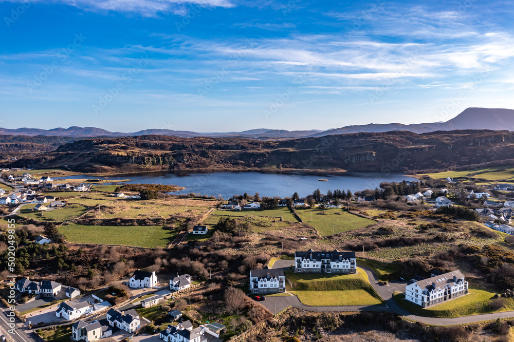 Aerial view of Portnablagh with Sessiagh Lake in the background, County Donegal, Ireland