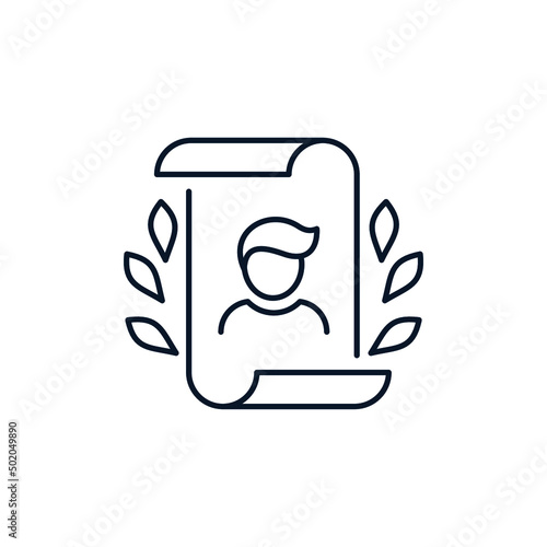 Document, person, bay leaf. Concept for award, premium, best employee, manager. Vector icon isolated on white background.