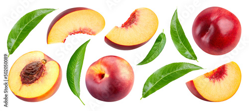 Peach collection Clipping Path. Peach isolated on white background. Big set fresh peach fruits. Professional studio macro shooting