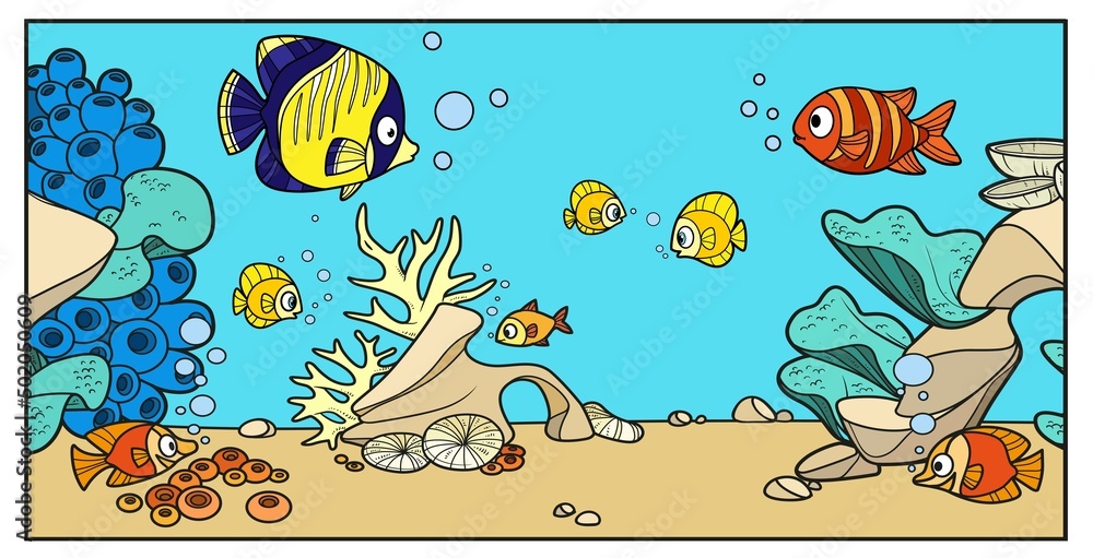 Fototapeta premium Underwater inhabitants against the backdrop of the seabed with corals, algae, stones and anemones color variation for coloring page