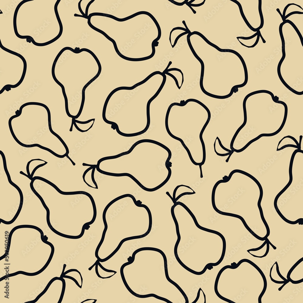 Seamless vintage pattern. Black outline of a pears . Beige background. vector texture. fashionable print for textiles, wallpaper and packaging.