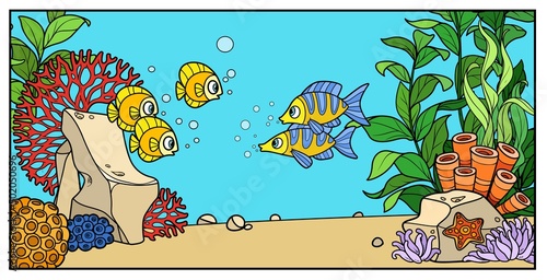 Sea fishes on the background of the seabed with stones, anemones and algae color variation for coloring page