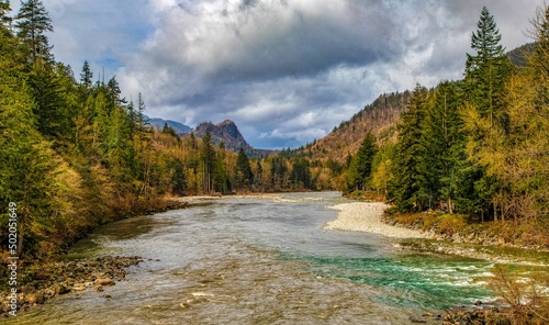 Skykomish River on winter day with clouds