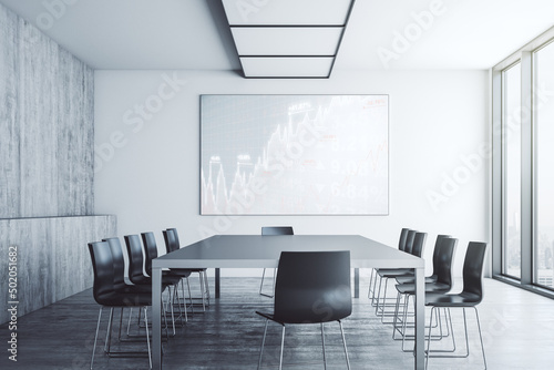 Abstract creative financial chart on presentation tv screen in a modern meeting room, research and analytics concept. 3D Rendering