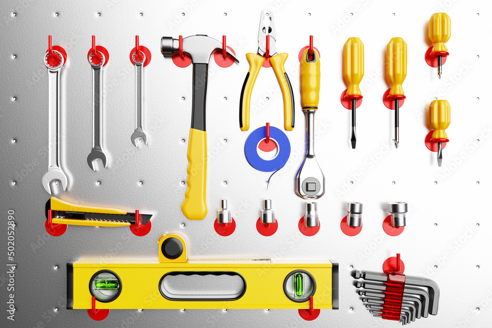 Construction tools. Hand tool for home repair and construction. wrench, cutter, electrical tape, ratchet, pliers, level hang in place on the shelf. 3D illustration