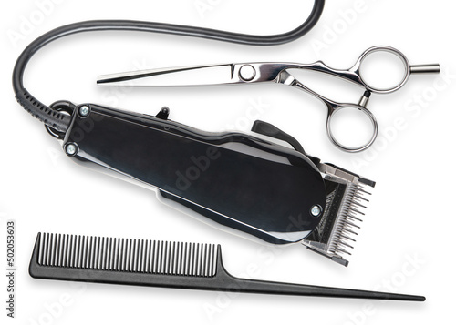 Hair clipper, Scissors, comb. Professional barber hair clipper and shears for Men haircut. Hairdresser salon equipment. Premium hairdressing Accessories. Top view flat lay isolated on white background