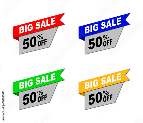A set of 4 - 3D rendered illustration of a banner in red, blue, green and Yellow marketing a 