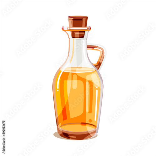Colorful glass bottle of vegetable oil isolated on white background. Flat cartoon vector illustration for poster, web design, banner, card, flyer, icon, logo or badge.