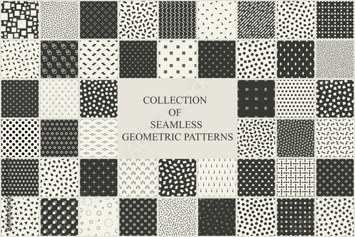 Collection of seamless monochrome geometric patterns. Minimalistic endless black and gray backgrounds. Trendy textile prints
