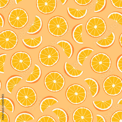 Bright seamless fruit pattern - hand drawn design. Repeatable orange background with citruses. Vibrant summer endless print. Vector illustration
