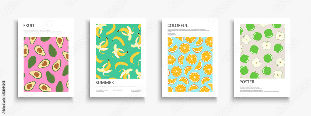 Set of colorful summer posters, templates, backgrounds placards, brochures, banners, flyers and etc. Bright fruits covers. Vibrant tropical prints