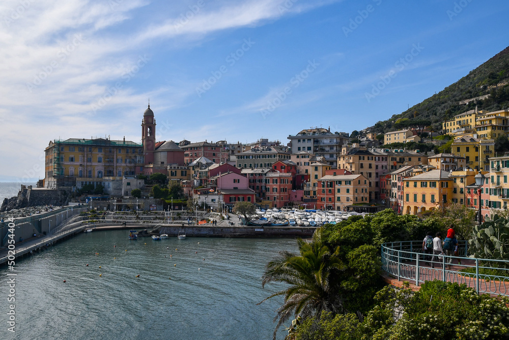 Obraz premium View of the fishing village in the Italian Riviera with the Anita Garibaldi Promenade and the small port, Nervi, Genoa, Liguria, Italy