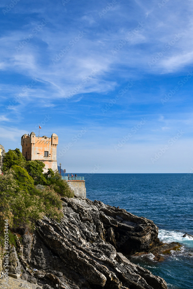 Torre Groppallo, built in the mid-sixteenth century as a defensive construction against attacks by Turkish pirates of Dragut, on the Anita Garibaldi Promenade, Nervi, Genoa, Liguria, Italy