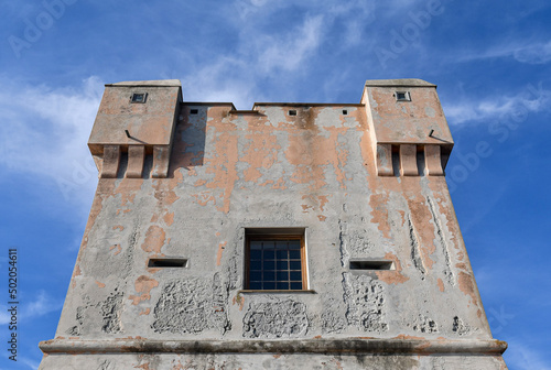 Low-angle view of Torre Groppallo, a defensive construction against attacks by Turkish pirates of Dragut (16th century), on the Anita Garibaldi Promenade, Nervi, Genoa, Liguria, photo