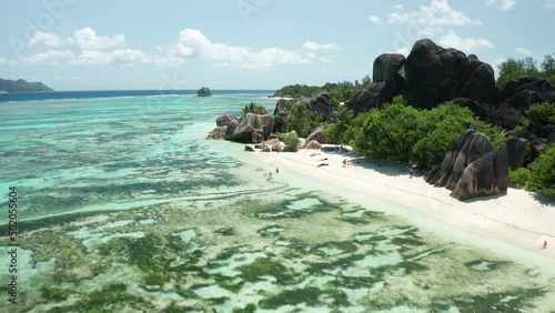 Aerial dolly over Anse Source d'Argent beach, La Digue, Seychelles