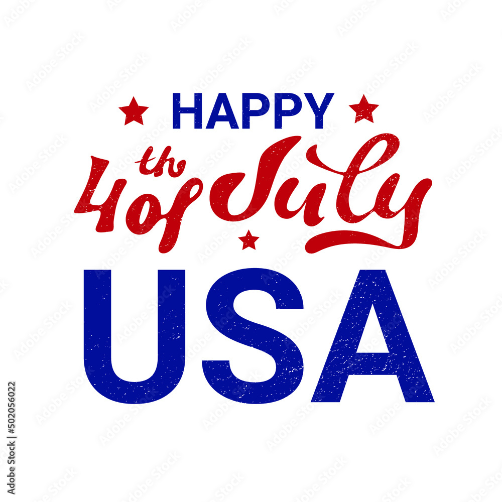 Happy 4th of July USA, Independence Day, greeting card in the colors of the national flag of the United States with red stars, hand lettering, vector illustration. Red and blue letters with texture Happy 4th of July USA, Independence Day, greeting card in the colors of the national flag of the United States with red stars, hand lettering, vector illustration. Red and blue letters with texture