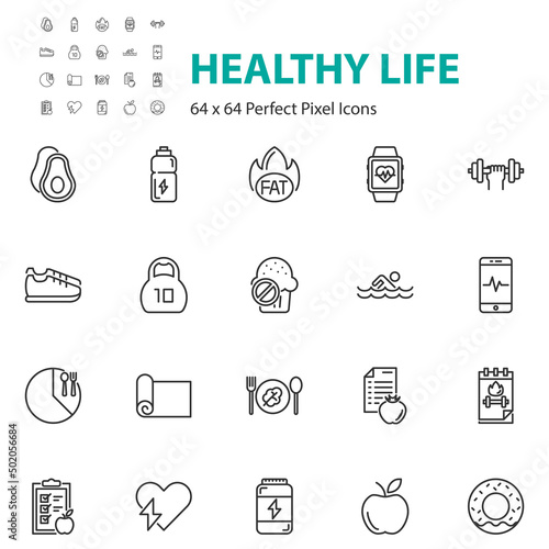 set of healthy life line icons, diet, nutrition, fitness, gym
