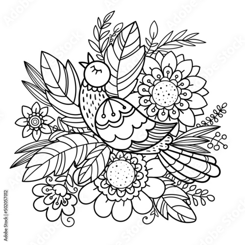 Beautiful singing bird, flowers and leaves. Doodle style.Black and white contour line drawing. For the design of antistress coloring books, prints, posters, tattoos and so on. Vector