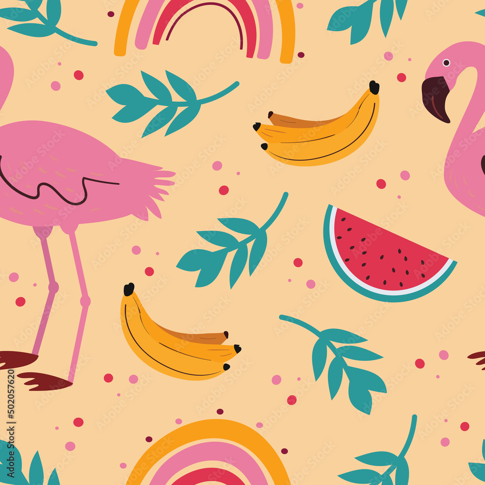Pattern with flamingos and watermelons, bananas. Vector seamless background