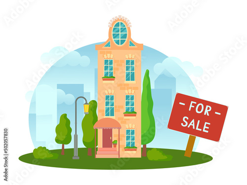 Fototapeta Naklejka Na Ścianę i Meble -  The concept of a house for sale. Sale or rental of real estate. House on a plot of land with surroundings and trees in a cartoon style. Vector illustration isolated on white background.